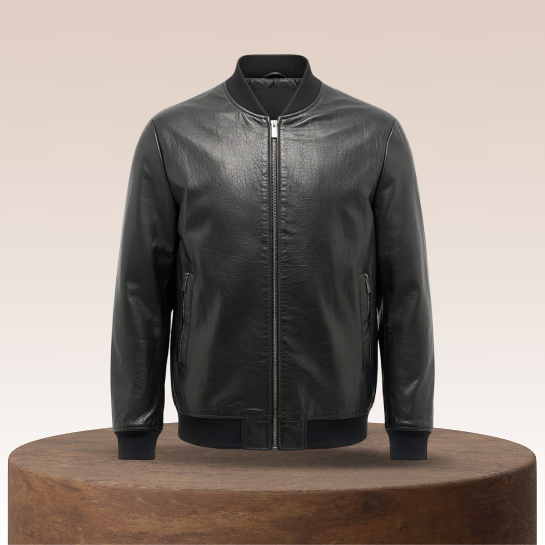 Raymund | Black Leather Bomber Jacket with Zip Closure