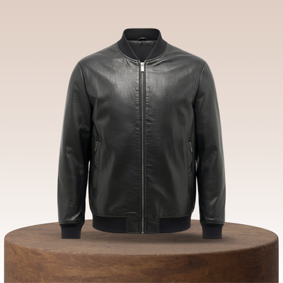 Raymund | Black Leather Bomber Jacket with Zip Closure