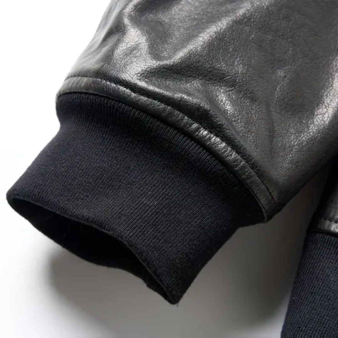 Raymund | Black Leather Bomber Jacket with Zip Closure