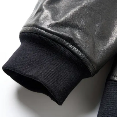 Raymund | Black Leather Bomber Jacket with Zip Closure