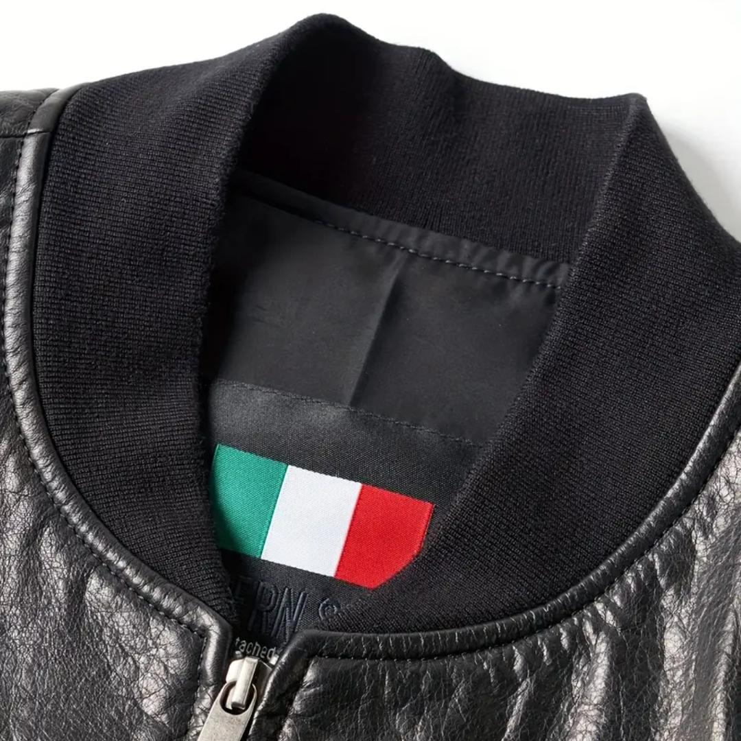 Raymund | Black Leather Bomber Jacket with Zip Closure