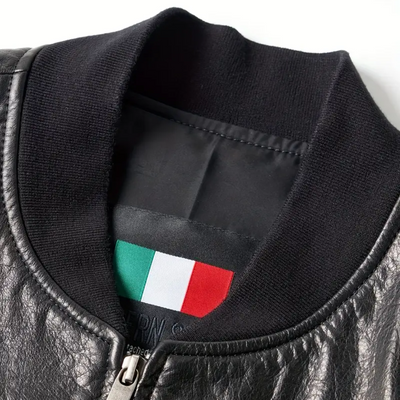 Raymund | Black Leather Bomber Jacket with Zip Closure